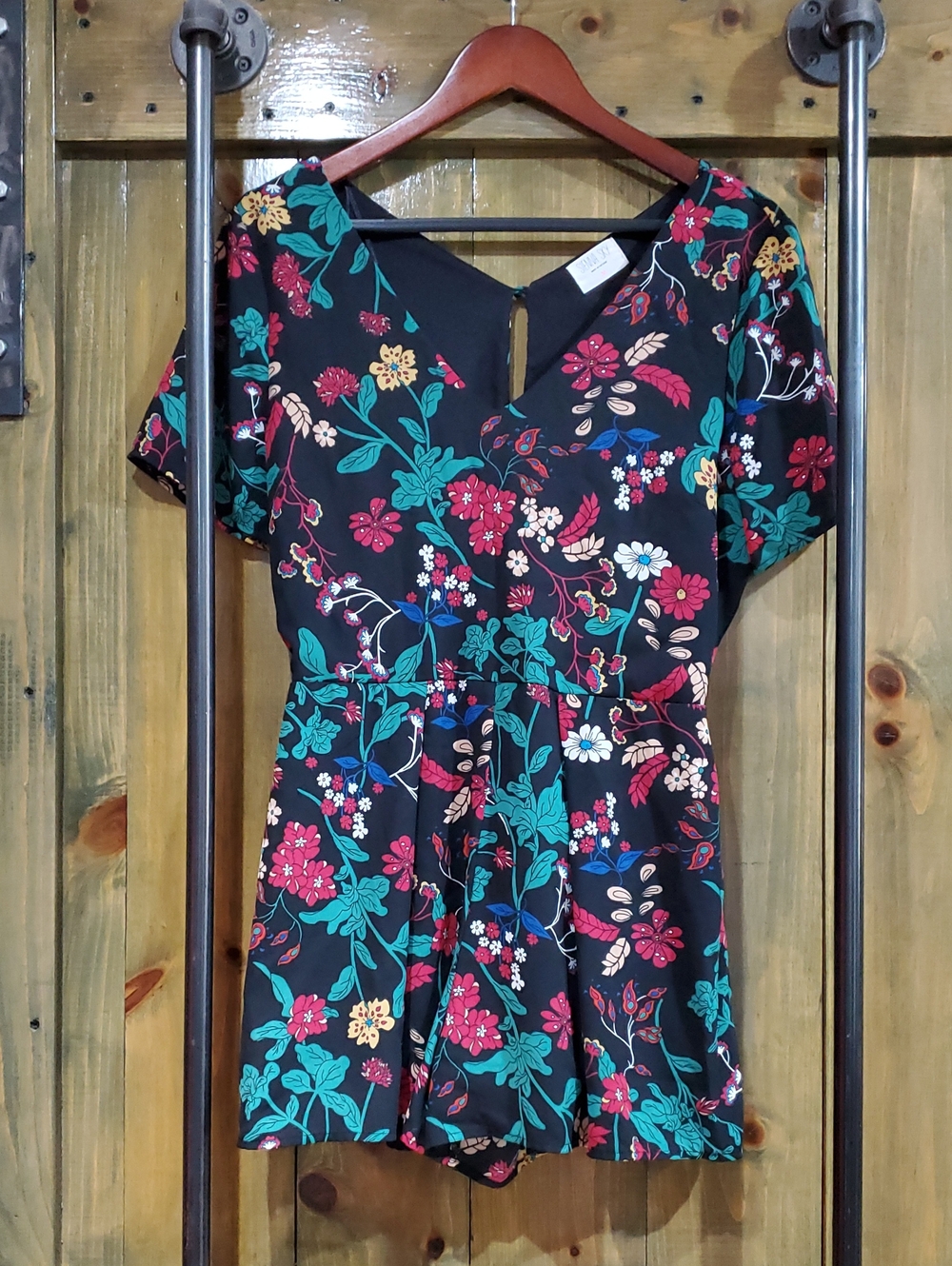 Black Jumpsuit Romper with Teal, Red Pink Yellow & Cream Floral Print Dressy